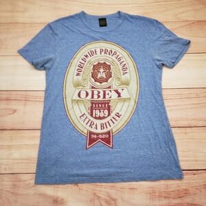 Obey Shirt Mens Large Blue Worldwide Propaganda Extra Bitter Beer Graphic Tee